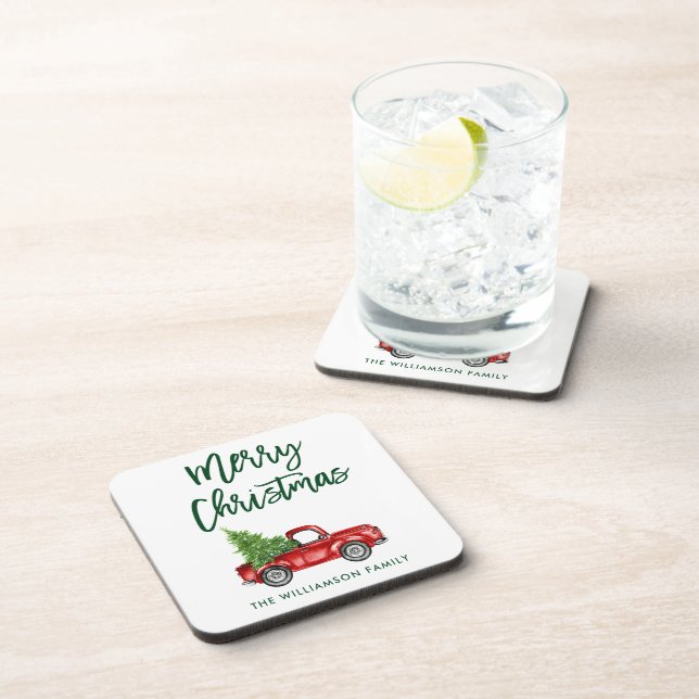 Green Brush Script Vintage Truck Christmas Tree Coaster (Right Side)