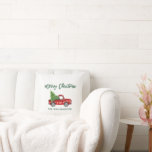Green Brush Script Vintage Truck Christmas Tree Cushion<br><div class="desc">Brush Script Watercolor Vintage Red Truck with Christmas Tree - Merry Christmas Throw Pillow</div>