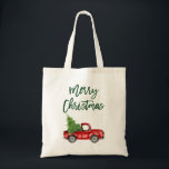Green Brush Script Vintage Truck Christmas Tree Tote Bag<br><div class="desc">Modern Brush Script Merry Christmas Watercolor Vintage Red Truck with Christmas Tree Tote Bag</div>