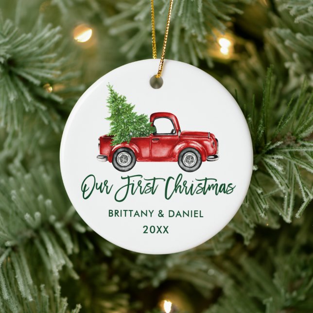 Green Brush Script Vintage Truck First Christmas Ceramic Tree Decoration (Tree)