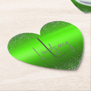 Green Brushed Metal Glitter Monogram Simple Paper Coaster