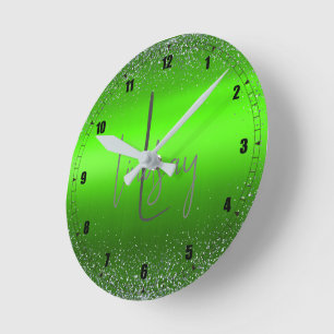 Green Brushed Metal Glitter Monogram Simple   Round Clock