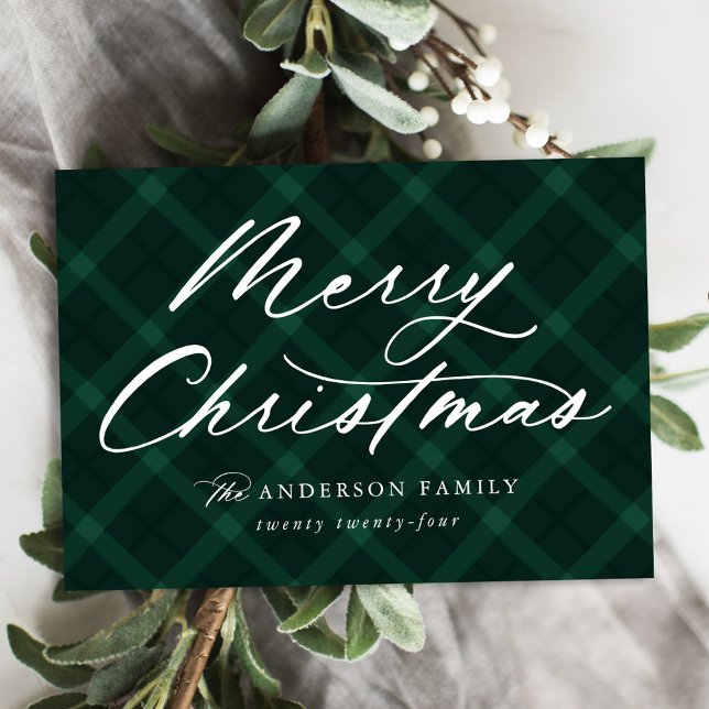 Green Brushed Plaid Merry Christmas Non-Photo Holiday Card (Creator Uploaded)