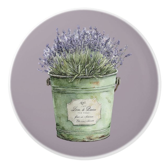 Green Bucket Lavender Flowers Ceramic Knob (Front)