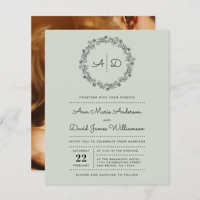 Green | Budget Country Floral Wreath Wedding Photo (Front/Back)