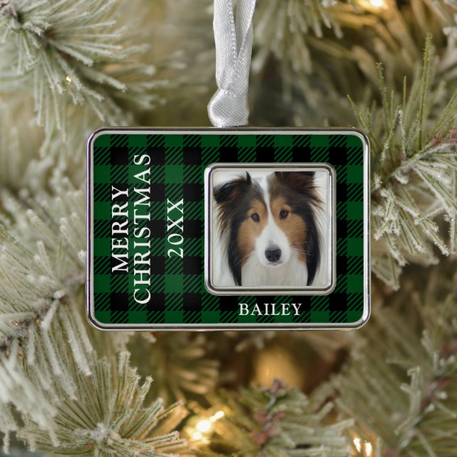 Green Buffalo Check Dog Photo Personalised Silver Plated Framed Ornament (Tree)
