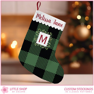 Green Buffalo Check Evergreen Wreath Monogram Small Christmas Stocking