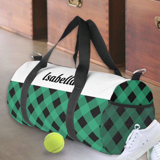 Green Buffalo Check Pattern Personalised Duffle Bag (A stylish duffel bag with green buffalo plaid pattern, personalized with a name in modern typography)