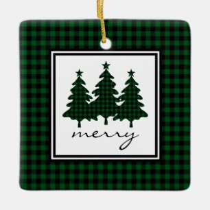 Green Buffalo Check Pine Trees Ceramic Ornament