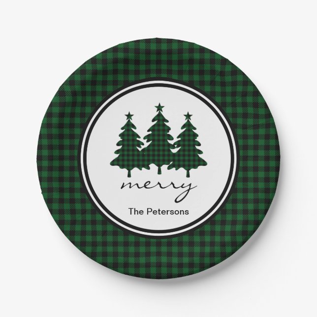 Green Buffalo Check Pine Trees Personalised Paper  Plate (Front)
