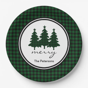Green Buffalo Check Pine Trees Personalised Paper Plate
