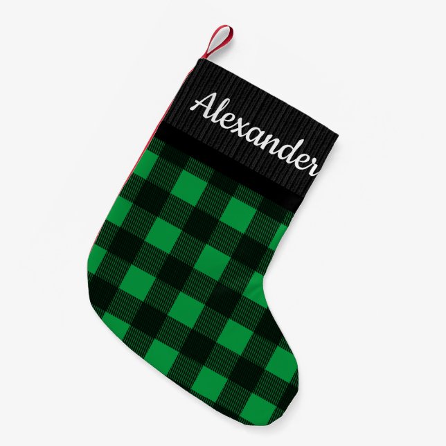 Green Buffalo Check Sweater Pattern Country Name Small Christmas Stocking (Front (Hanging))