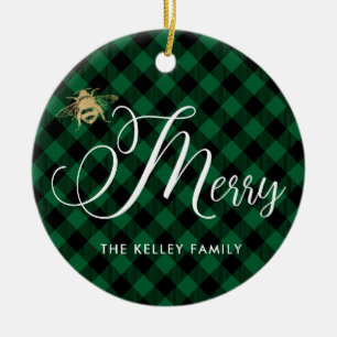 Green Buffalo Plaid Bee Merry, Golden Bee Photo Ceramic Tree Decoration
