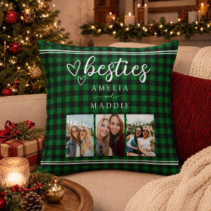 Green Buffalo Plaid Bestie Photo Collage Cushion