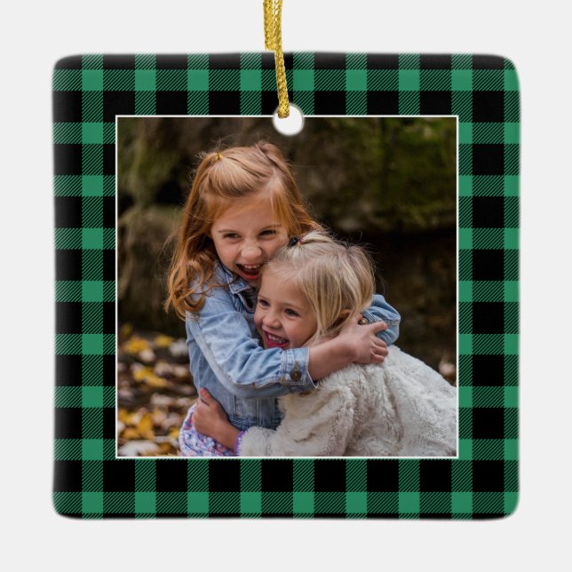 Green Buffalo Plaid Christmas Photo Ceramic Ornament (Front)