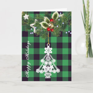 Green Buffalo Plaid Christmas Tree Silhouette  Holiday Card