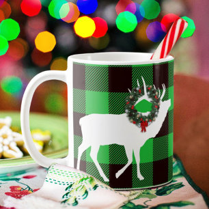 Green Buffalo Plaid Elk Christmas Wreath Coffee Mug