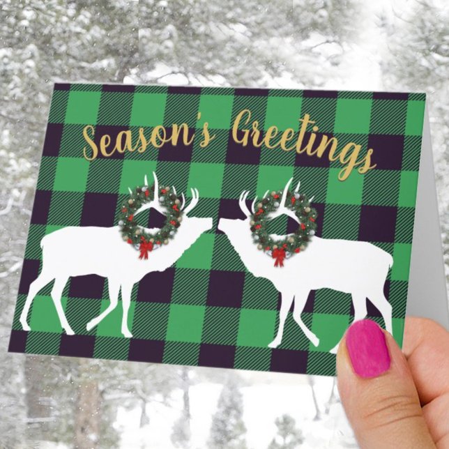 Green Buffalo Plaid Elk Silhouette Wreath Custom Holiday Card (Creator Uploaded)