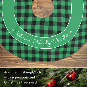 Green Buffalo Plaid Family Name Rustic Christmas Brushed Polyester Tree Skirt