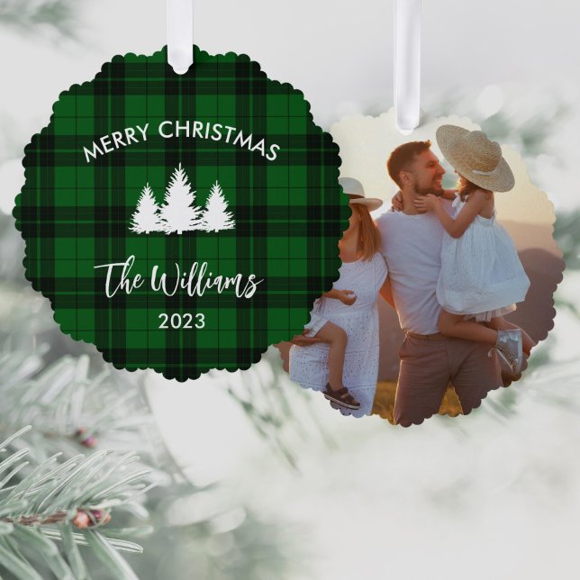 Green Buffalo Plaid Family Photo Tree Decoration Card (Creator Uploaded)