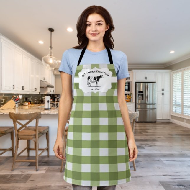 Green Buffalo Plaid Farm Cow Apron (Green Buffalo Plaid Farm Cow Personalized Apron)