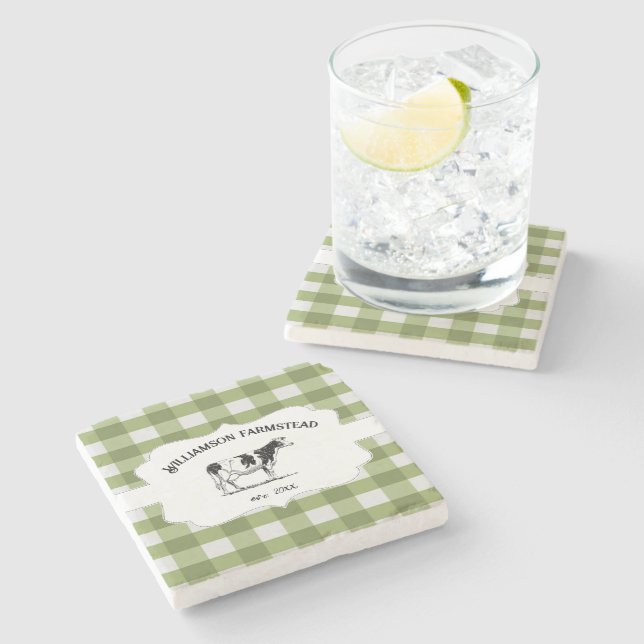 Green Buffalo Plaid Farm Cow Stone Coaster (Side)