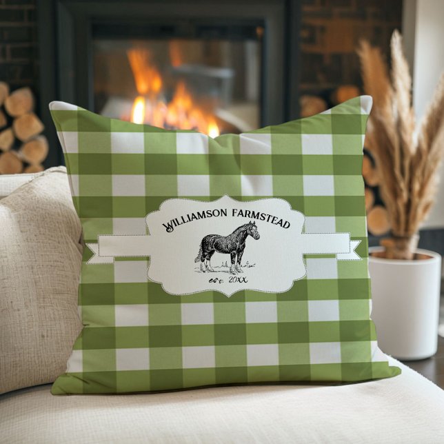 Green Buffalo Plaid Farm Horse Cushion (Green Buffalo Plaid Farm Horse Throw Pillow)