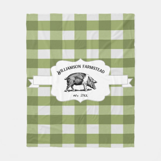 Green Buffalo Plaid Farm Pig Fleece Blanket (Front)