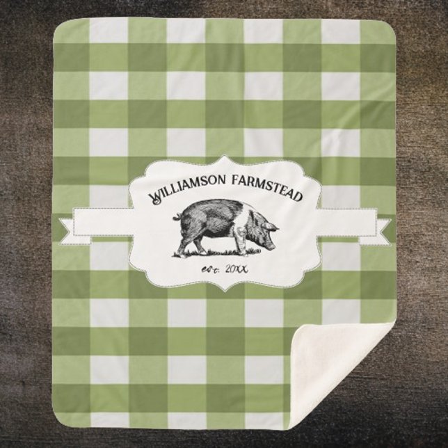 Green Buffalo Plaid Farm Pig Sherpa Blanket (Green Buffalo Plaid Farm Pig Personalized Sherpa Blanket)