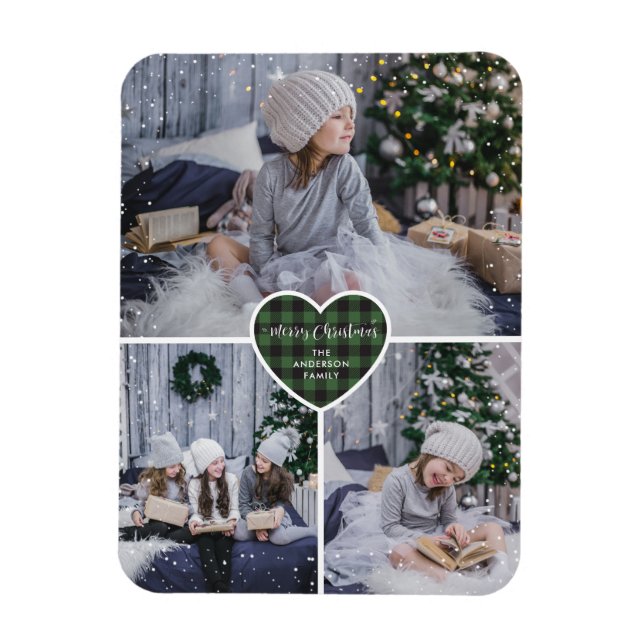 Green Buffalo Plaid Heart Photo Merry Christmas Magnet (Vertical)
