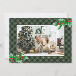 Green Buffalo Plaid Holly Photo Christmas Cards