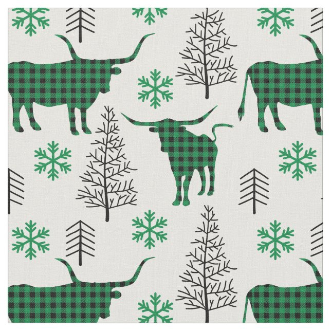 Green Buffalo Plaid Longhorn Pattern Fabric (Close Up)