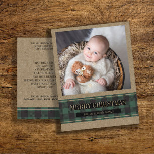 Green Buffalo Plaid on Kraft Merry Christmas Photo Postcard