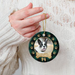 Green Buffalo Plaid Pattern Gold Bow Family Photo Ceramic Tree Decoration<br><div class="desc">Add a cozy and warm charm to your Christmas tree with our Pet photo ornament featuring a cozy and warm green buffalo plaid pattern background. Circle photo frame with a festive faux gold bow and bone. Customize with your pets name & photo. Designed by Moodthology Papery</div>