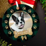 Green Buffalo Plaid Pattern Gold Bow Family Photo  Metal Tree Decoration<br><div class="desc">Add a cosy and warm charm to your Christmas tree with our Pet photo metal ornament featuring a cosy and warm green buffalo plaid pattern background. Circle photo frame with a festive faux gold bow and bone. Customise with your pets name & photo. Designed by Moodthology Papery</div>