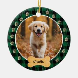 Green Buffalo Plaid Pattern Gold Pet Print Family Ceramic Tree Decoration