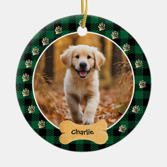 Green Buffalo Plaid Pattern Gold Pet Print Family Ceramic Tree Decoration (Front)