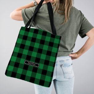 Green Buffalo Plaid Pattern Monogrammed Bridesmaid Tote Bag