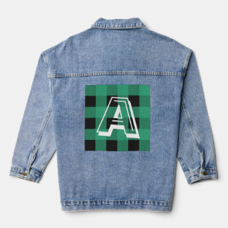 Green Buffalo Plaid Patterned Monogrammed Denim Jacket