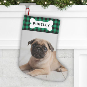 Green Buffalo Plaid Pet Dog Bone Monogram Photo Small Christmas Stocking