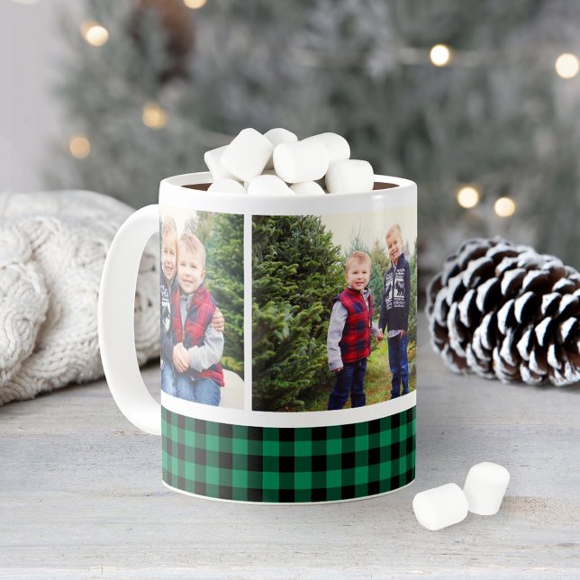 Green Buffalo Plaid Photo Collage Holiday Coffee Mug (Creator Uploaded)