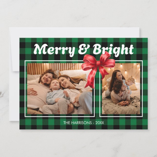 Green Buffalo Plaid Ribbon Two Photos Christmas Holiday Card (Front)