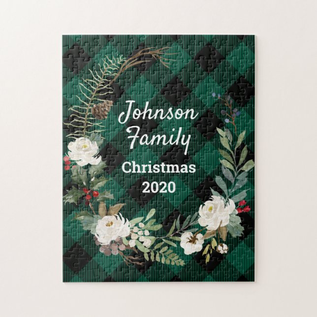 Green Buffalo Plaid Rose Floral Family Christmas Jigsaw Puzzle (Vertical)
