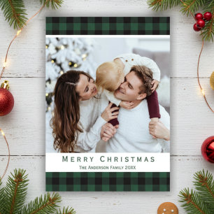 Green Buffalo Plaid Rustic Merry Christmas Photo Holiday Card