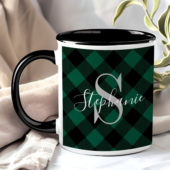 Green Buffalo Plaid Rustic Monogram Name Mug (Creator Uploaded)