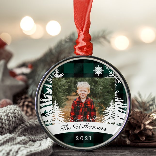 Green Buffalo Plaid Rustic Pine Trees Family Photo Metal Tree Decoration (Green Buffalo Plaid Rustic Pine Trees Family Photo Metal Ornament)