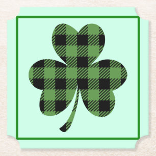 Green Buffalo Plaid Shamrock Clover Design-61104 Paper Coaster