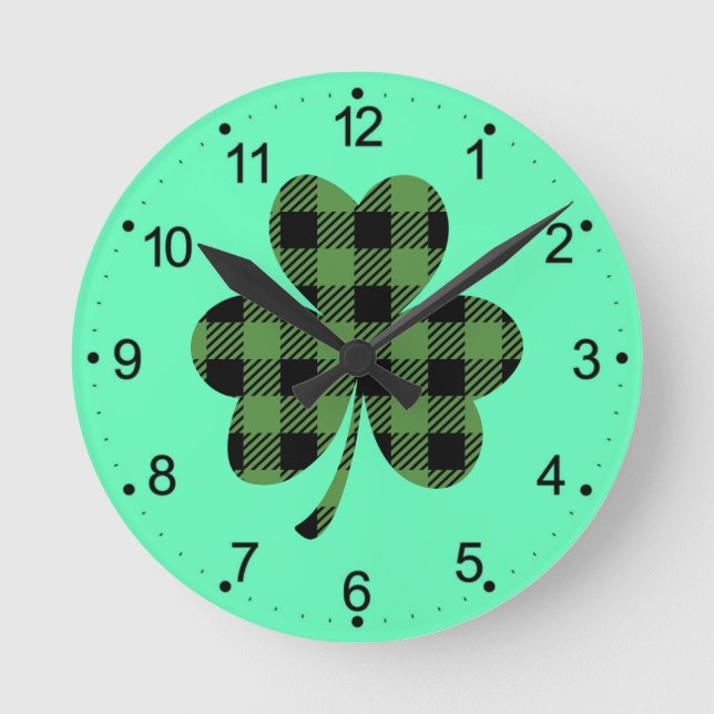 Green Buffalo Plaid Shamrock Clover Design-61104 Round Clock (Front)