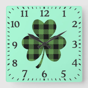 Green Buffalo Plaid Shamrock Clover Design-61104 Square Wall Clock