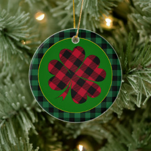 Green buffalo plaid Shamrock, Lucky Clover Charm Ceramic Tree Decoration
